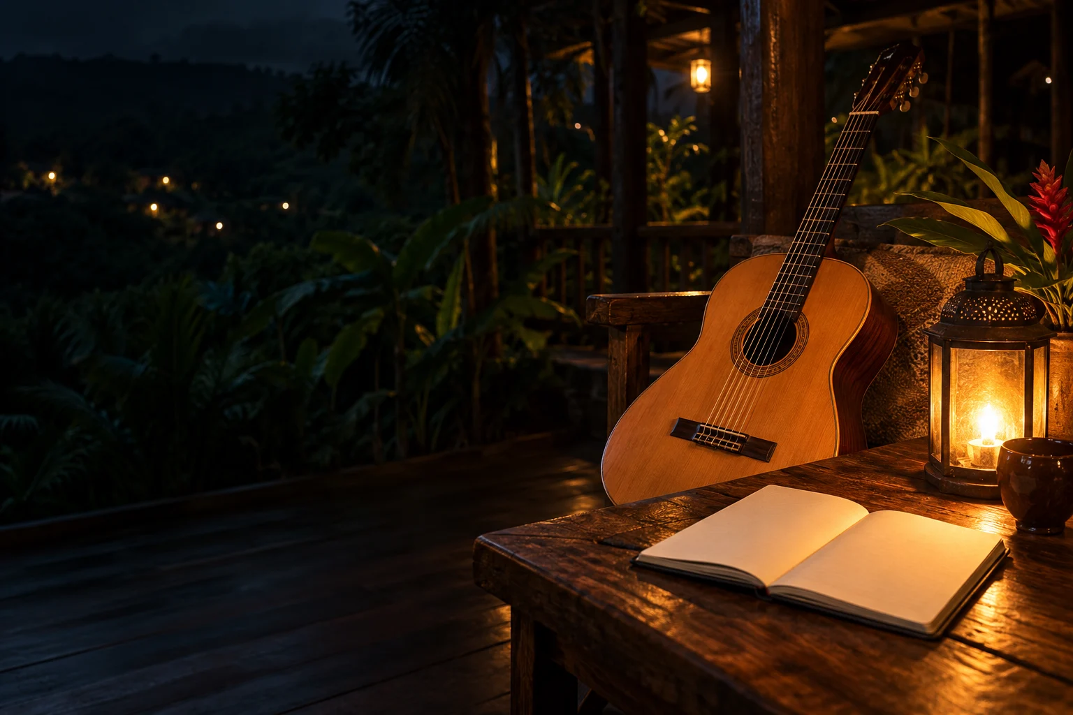 An acoustic guitar and a notebook by lantern light on a tropical veranda at night.